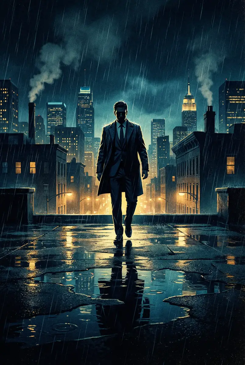 小吉科技 出品影片《雨夜独行者》海报，雨中城市屋顶男性剪影